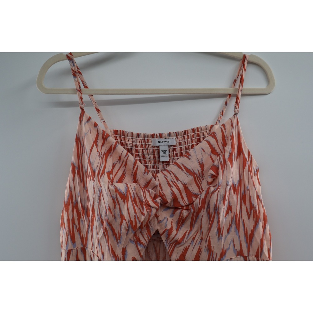 Plus Size Front Cutout Sundress 2X Peach Ikat Smocked Back Vacation Dress - Picture 2 of 5